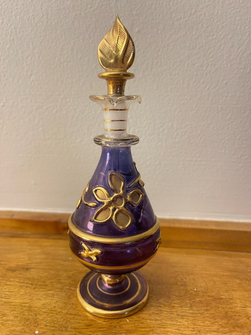 Vintage Egyptian Glass Perfume Bottle Fancy Gold Accent Hand Blown Boho Elegant